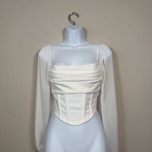 Elegant White Corset Top with Sheer Sleeves